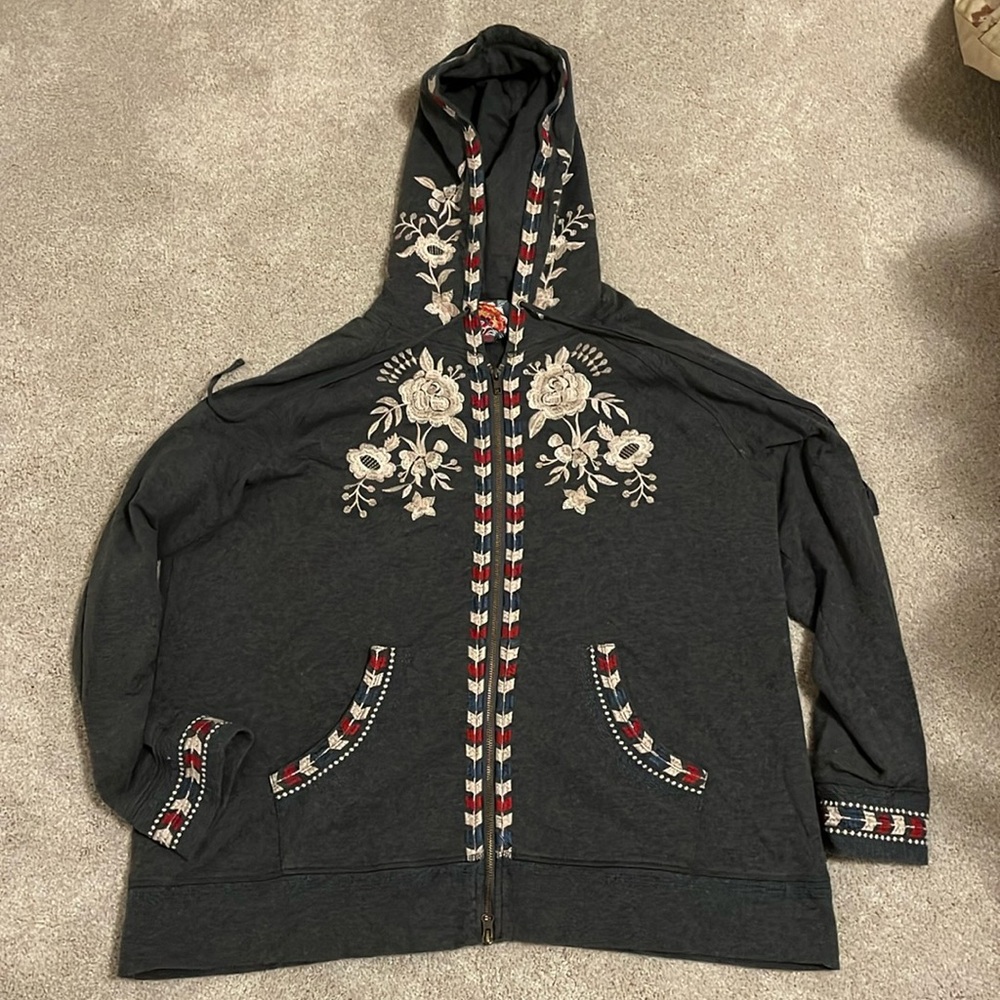 Johnny Was Floral Embroidered Full Zip Sweatshirt